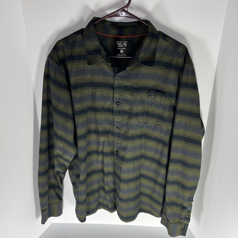 Mountain Hardwear Mens Lg Black & Green Striped Long Sleeve Button Up Shirt EUC